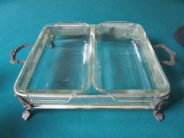 Metal Footed Stand Hot Food Server With Glass Inserts Anchor Hocking Usa - £59.42 GBP