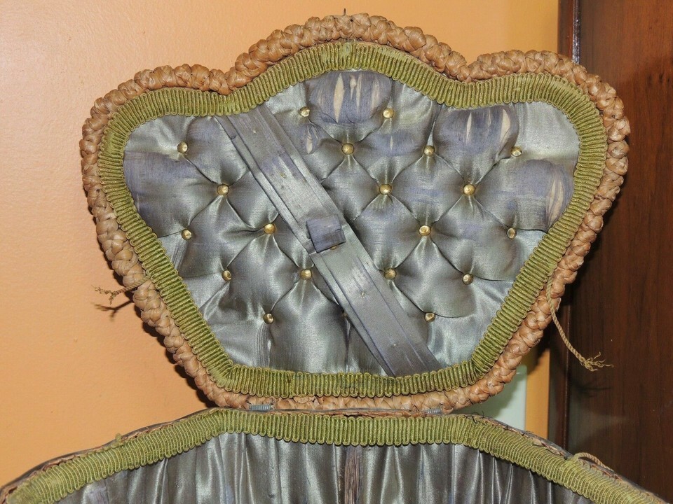 Hand Made Sewing Basket Wicker / Rush woven Grass / Reed Silk lined Antique Item image 8