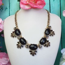 Black Lucite Gray Rhinestone Gold Tone Fashion Collar Necklace Statement Choker - £13.54 GBP