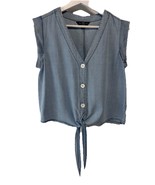 Velvet Heart LA Blue Chambray Tencel  Top Blouse Tie Front V Neck Button S - $18.78