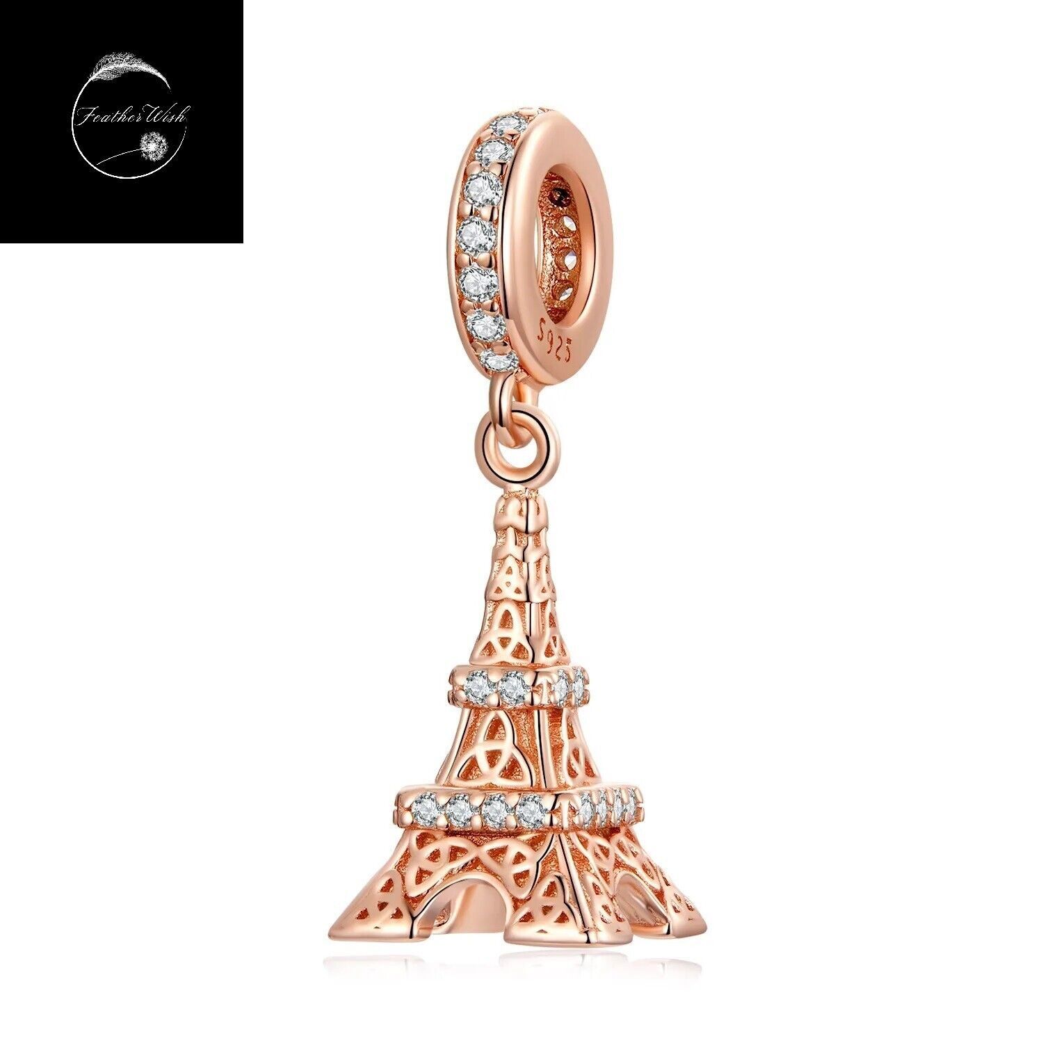 Love Paris Eiffel Tower Dangle Charm Genuine 925 Sterling Silver Rose Gold