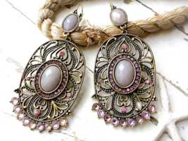 Big BOHO Gold Tone Filigree Pink Crystal Fashion Earrings - $6.80