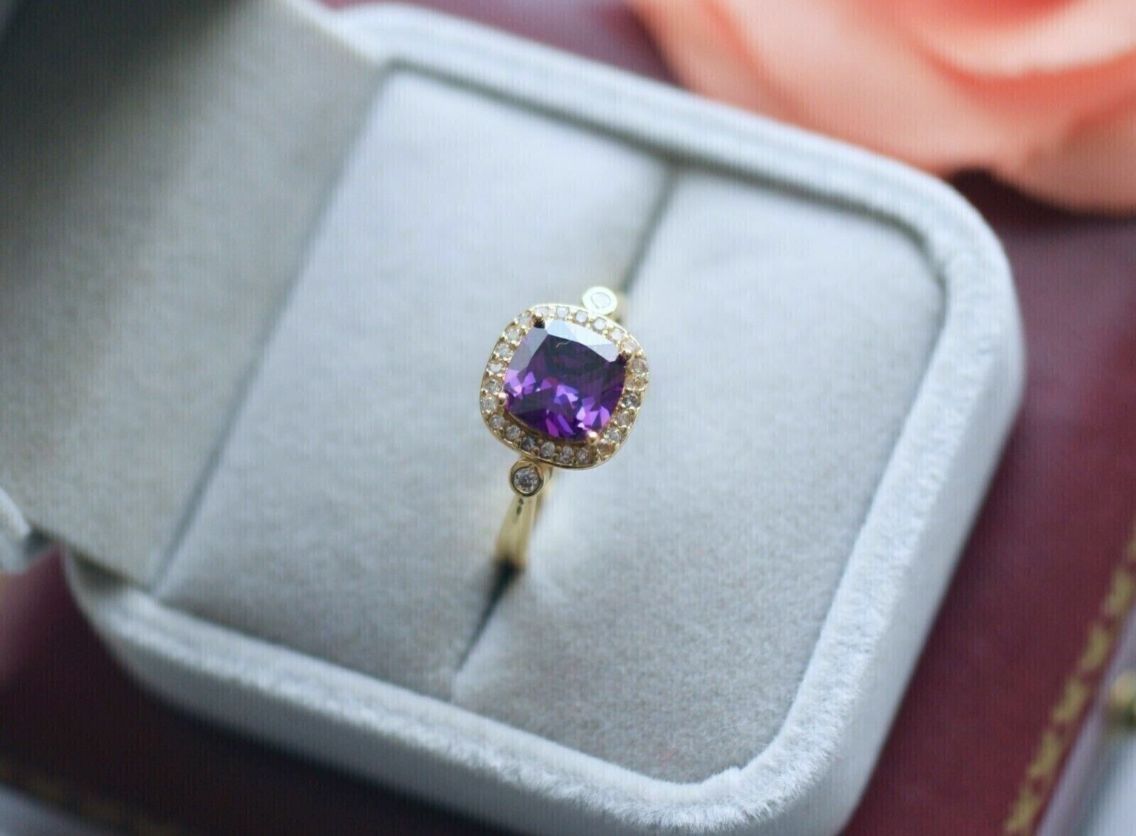 2.50Ct Cushion Cut Lab-Created Amethyst Halo Gift Ring 14k Yellow Gold Plated Item image 2