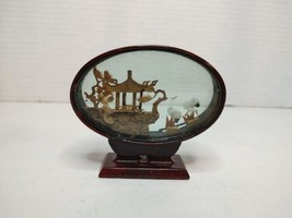 Vtg Hand Carved Chinese Asian Cork Diorama 3D Scene in Oval Glass Pagoda... - £13.23 GBP