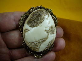 (CL3-5) Ethereal Lady Ivory tan CAMEO brass Pin Brooch pendant Beautiful woman - £30.63 GBP