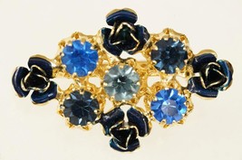 Vintage Costume Jewelry Austria Clear Blue Rhinestone Flowers Gold Tone Brooch - £19.77 GBP