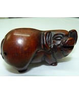 Vintage Japanese Detailed Hand-Carved Wooden Netsuke Fat Laughing Pig, L... - $1,311.47 MXN