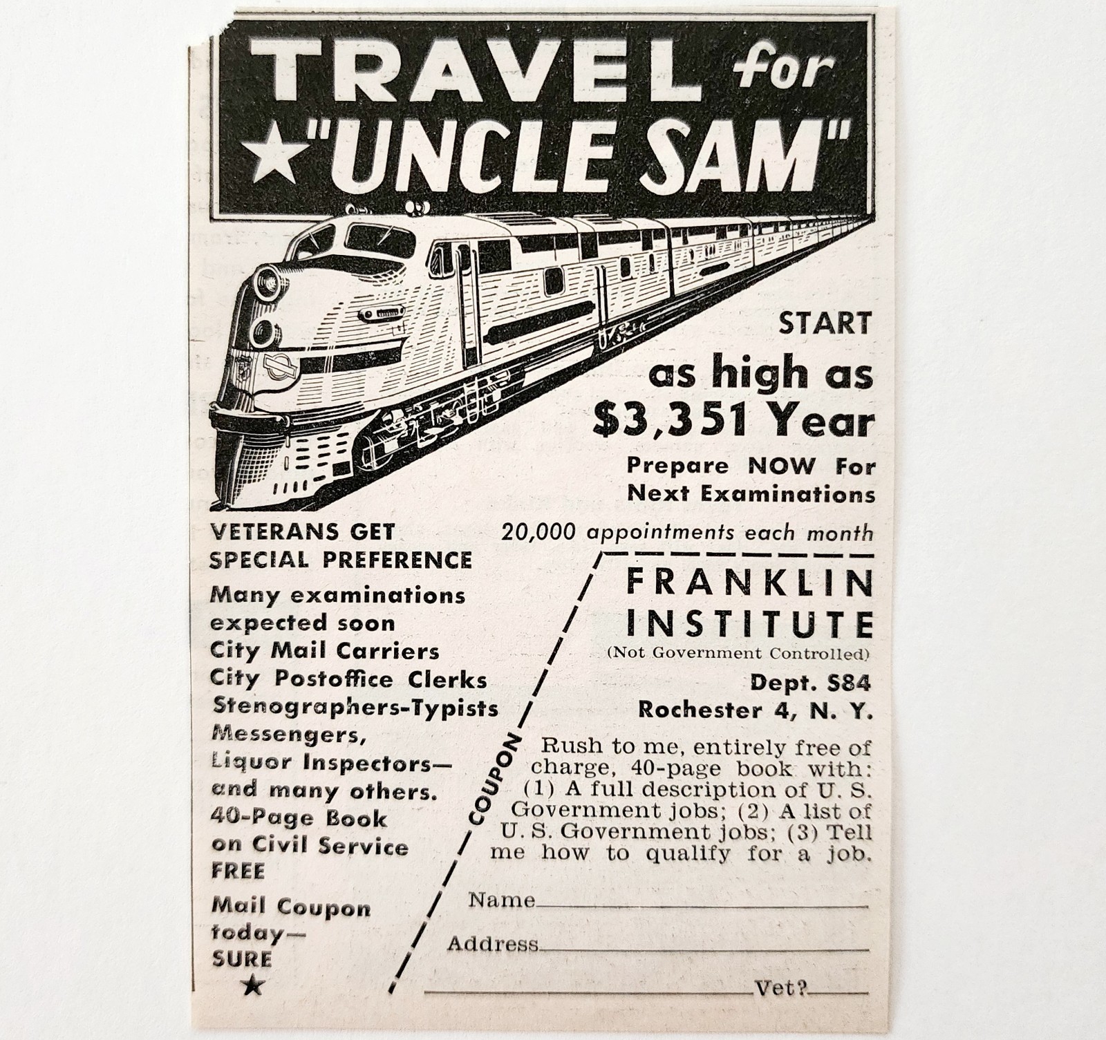 1949 Railway Postal Clerks Government Advertisement Railroad Jobs Vintag... - $19.99