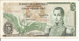 El Banco De La Republica De Colombia Five  ( 5) Pesos Oro UNC. Enero 1 9... - $6.92