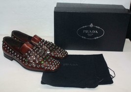 PRADA Men&#39;s Brown Leather Crystal Metal Studded Loafers Shoes Sz 9=10 US - £451.35 GBP