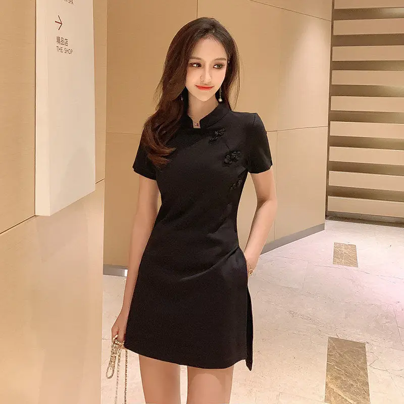 Sporting Spring Summer Dresses Chinese Style Stand Collar Black Ay Cheongsam Dre - £35.97 GBP