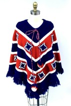 Vintage 70s Chunky Knit Poncho Red White Blue Fringe Lace Up Pom Poms OS - $39.60