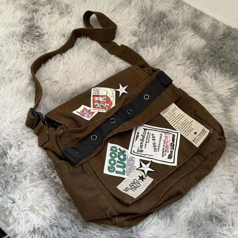 Y2k Messenger Bag Brown Old School Style Star Patch Canvas Students School Bags  - £26.53 GBP