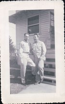 Vintage Two Soldier Pals In Front Of  Barrick Steps Snapshot WWII 1940s - $6.99