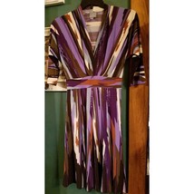 Rabbit Designs V Neck 3/4 Sleeve Dress Purple Tan Gray Size 4 Flare Womens - £14.72 GBP