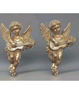 Gold Cherub 5&quot; Hi Angels w Guitars Hanging Wall Art MCM Brass VTG (Lot o... - $18.33