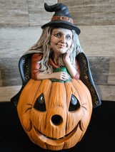 Halloween Green Witch w/ Jack &#39;O Lantern Pumpkin Light Up Ceramic Mold 9.5&quot; - $48.37