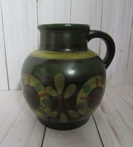 Pitcher Pottery Small 4 1/2&quot; Tall Deep Green &amp; Yellow Glaze Flowers W. G... - £18.20 GBP