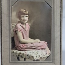 Hand Tinted Pretty Girl Bobbed Hair Bangs Pink Dress Vintage 1930s Studio Photo - $11.25