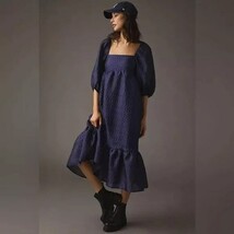 BY ANTHROPOLOGIE NAVY BLUE  TEXTURED PEASANT PUFF SLEEVE DRESS MEDIUM - $69.30