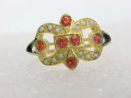 FLEUR DE LIS Garnet and Seed Pearls RING in Yellow Gold on Serling Silve... - $55.00