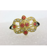 FLEUR DE LIS Garnet and Seed Pearls RING in Yellow Gold on Serling Silve... - $55.00