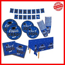 Complete 25-Piece Graduation Dinnerware Set - Eco-Friendly Blue Disposab... - $42.67
