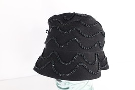 Vintage 50s Rockabilly Wool Felt Sequined Flower Bucket Hat Cap Black Womens USA - £35.01 GBP