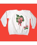 Vintage 90’s White Holly Flowers Christmas Sweatshirt NOEL XL Granny Cor... - £11.88 GBP