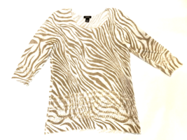 Peck &amp; Peck Sweater Womens XL Cream Brown Animal Zebra Stripe Print 3/4 Sleeve - £10.15 GBP