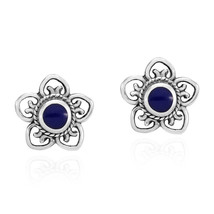 Sterling Silver Swirl Heart Flower Simulated Blue Lapis Inlays Stud Earrings - £9.48 GBP