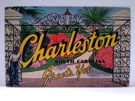 Greetings From Charleston South Carolina Large Letter Linen Postcard Iron Gates - £8.59 GBP
