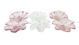 3 Mikasa Double Bowls Crystal Rosella Pink Clear Ruffled Vtg Raised Floral Feet - £37.32 GBP