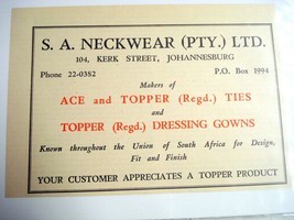 1945 South Africa Ad S. A. Neckwear (PTY.) LTD. Ties and Dressing Gowns - £6.26 GBP