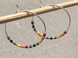Rainbow Beaded Hoop Earrings, LGBTQ earrings, Gay Pride, Multicolored hoops, Sim - £16.08 GBP
