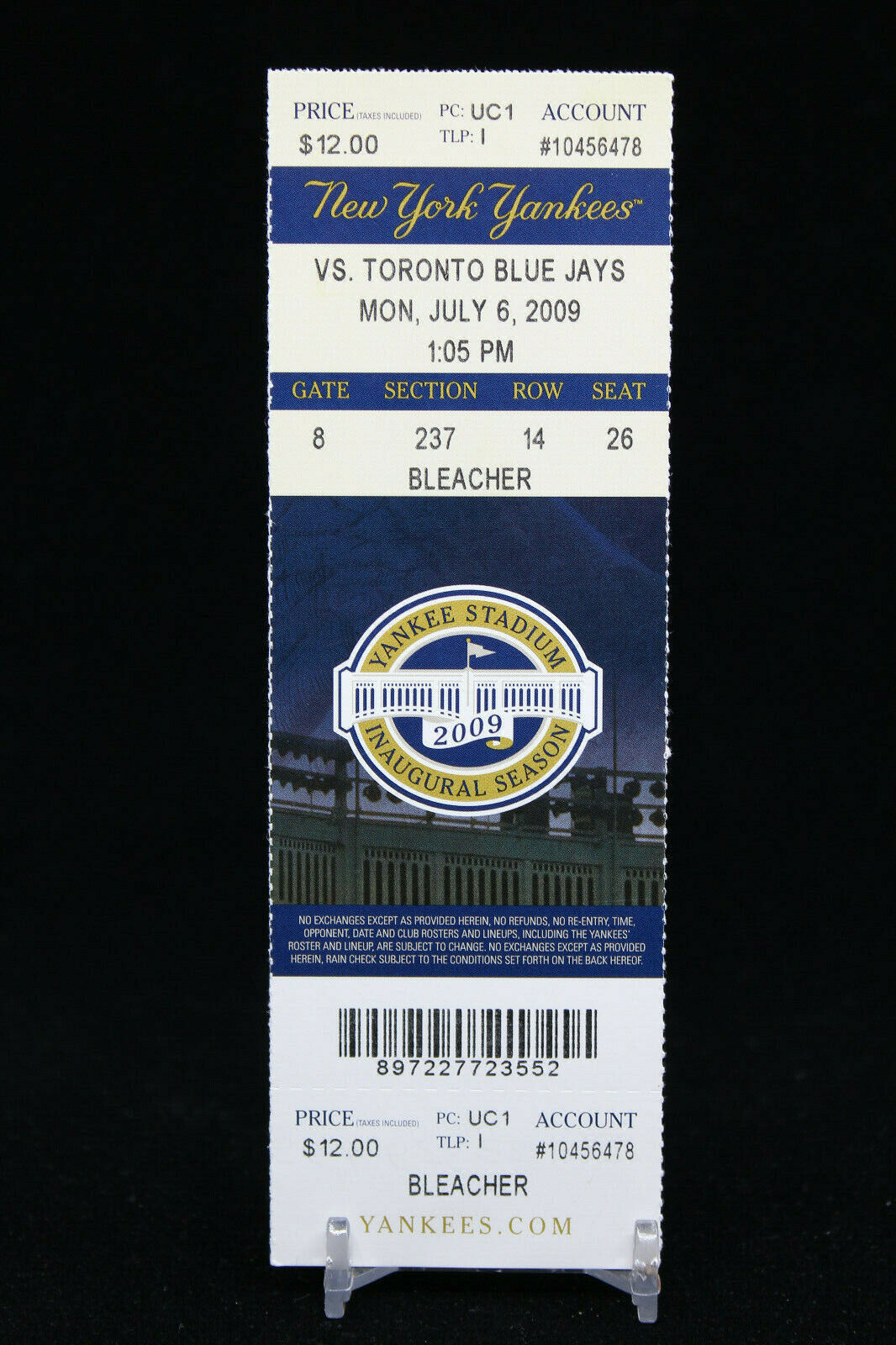 New York Yankees vs Toronto Blue Jays MLB Ticket w Stub 07/06/2009 Inaugural - £9.06 GBP