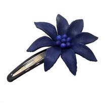 Trendy Navy Blue Genuine Leather Lily Flower Barrette Hair Clip - $8.72