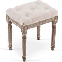 Vonluce French Vintage Foot Stool With Rustic Wood Legs And Padded Seat,, Beige - £71.95 GBP