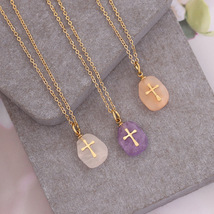 Stainless steel chain Crystal cross natural stone pendant necklace Clavicle  - £26.33 GBP