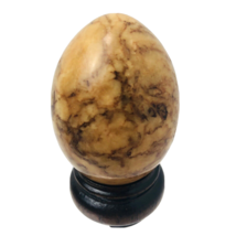 Vintage Polished Natural Stone Tan Brown  Egg Granite Marble Mottled w Wood Base - £14.62 GBP