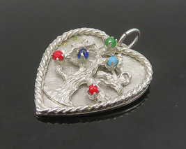 925 Silver - Vintage Turquoise Coral &amp; Multi-Stone Tree Heart Pendant - PT19551 - £28.49 GBP