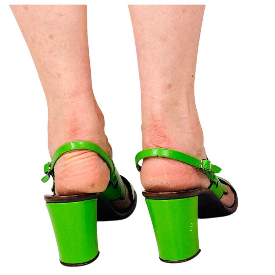 VTG 70s Golo Italy Bright Green Leaf Slingback Block Heel Sandals Mod Pop Art 8 Item image 3