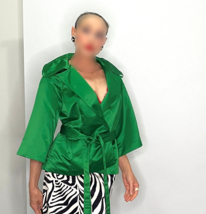 Green Designer Kimono Jacket Tie Waist Satin Evening Jacket 3/4 Sleeves - €237,78 EUR