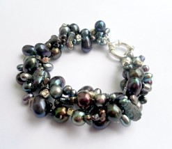 Pearl bracelet, Wedding jewelry, 3 strand twisted Black freshwater pearls, - £61.88 GBP