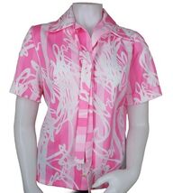 Vintage Short Sleeve Top Womens M Pink Floral Polyester Bow Button Up Bl... - $31.66