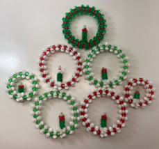 Vintage Lot 7 Beaded Red Green White Wreath Christmas Tree Ornaments - £31.91 GBP