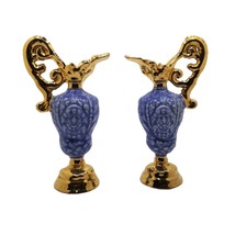 Blue Vase Pitcher Set Ceramic Blue Small 6&quot; Figurine 24K Gold Warranted USA - £59.21 GBP