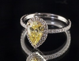 1.28 Pear Shape Lab Created Fancy Yellow Diamond Engagement Ring 18k Whi... - $6,966.95