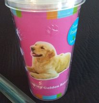 DOG LOVERS CUP Golden Retriever Double Wall Insulated w/ Straw Pink Plastic NEW image 2