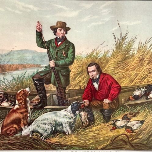 Primary image for Wild Duck Shooting Hunting Dogs Lithograph 1952 Currier And Ives Art LGADCuIv